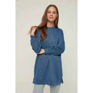 Trendyol Indigo Crew Neck Slit Detailed Basic Knitted Sweatshirt