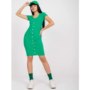 Dark green ribbed fitted dress with RUE PARIS buttons