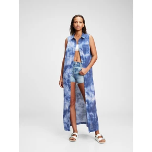 Modré dámské šaty GAP sleeveless linen maxi tie dye shirtdress