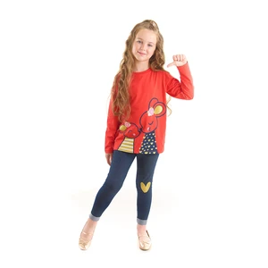 Denokids Cute Mouse Girl Kid's Red T-shirt, Navy Blue Leggings Suit.