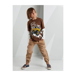 Mushi Jeep Mood Boys' Brown T-shirt Set with Beige Gabardine Pants.
