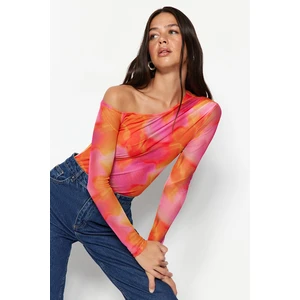 Trendyol Pink Patterned Tulle Transparent Back Fitted/Sleeping Flexible Knitted Body with Snap fastener