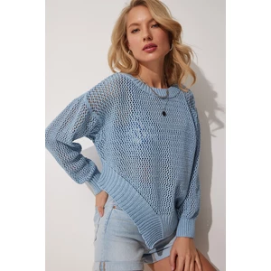 Happiness İstanbul Women's Sky Blue Asymmetrical Detailed Summer Knitwear Sweater