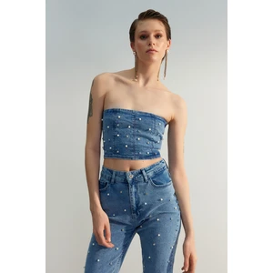 Trendyol Limited Edition Blue Pearl Detailed Denim Bustier