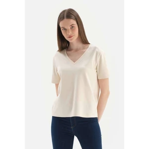 Dagi Ecru V-Neck Interlock Cotton Short Sleeve T-Shirt