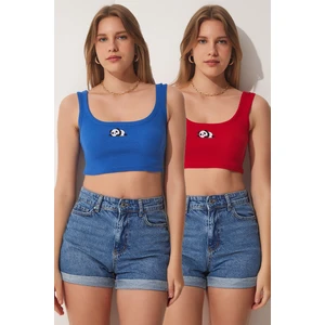 Happiness İstanbul Women's Blue Red 2-pack Panda Embroidery Knitted Crop Blouse