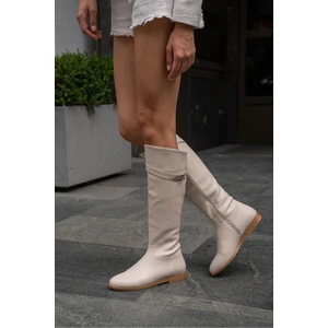 Madamra Beige Women's Long Leather Boots With A Belt