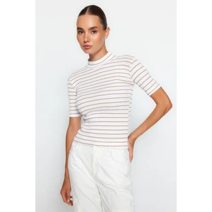Trendyol Camel Stripe Standing Collar Fitted/Simple Short Sleeve Flexible Ribbed Knitted Blouse