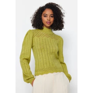 Trendyol Oil Green Openwork/Perforated Standing Collar Knitwear Sweater