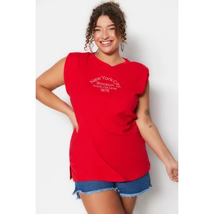 Trendyol Curve Red Knitted Printed Single Jersey T-Shirt