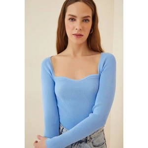 Happiness İstanbul Women's Sky Blue Heart Collar Corduroy Knitwear Sweater