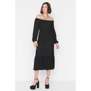 Trendyol Black Printed Ribbed Carmen Collar Knitted Dress