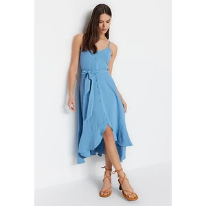 Trendyol Indigo Belted Open-Waist Midi Ruffle Dress