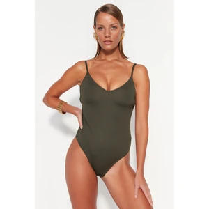 Trendyol Khaki V-neck, Low-cut Back, Textured Regular Leg Swimsuit