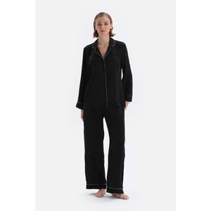 Dagi Black Lurex Stripe Detailed Satin Pajamas Set