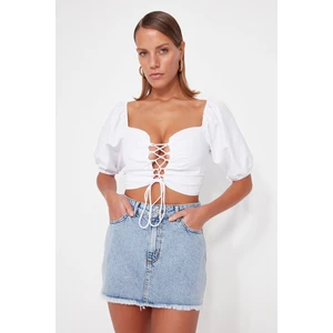 Trendyol Blue Mini Denim Skirt With Tassels, 100% Cotton