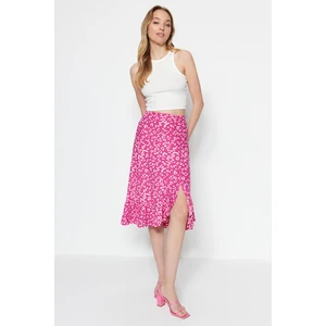 Trendyol Fuchsia Printed High-waist Midi, Elastic Knitted Skirt with Ruffles and Ruffle Details