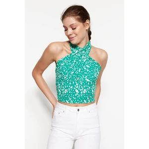 Trendyol Green Printed Halterneck Fitted/Slippery Knitted Blouse with Crop