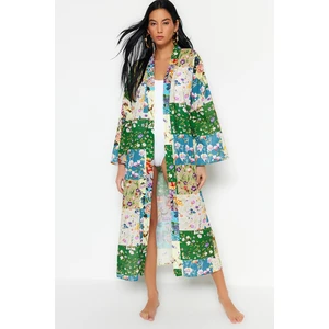 Trendyol Floral Pattern Belted Maxi-Weave 100% Cotton Kimono & Caftan