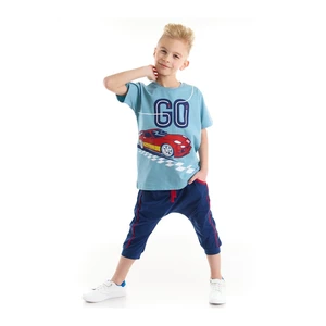 Mushi Boy With Go Car Race Car Blue T-shirt, Navy Blue Capri Shorts Set.