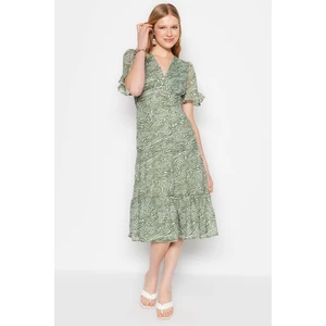 Trendyol Green A-Line Midi Woven Lined, Animal Print Dress with Ruffles