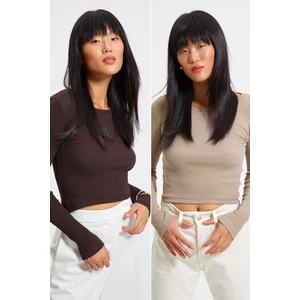 Trendyol Brown-Beige 2-pack Ribbed Crew Neck Knitted Blouse