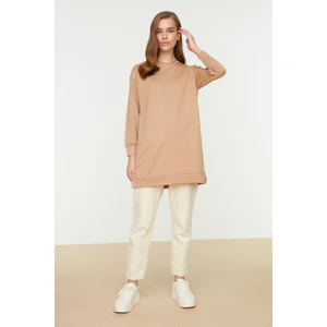 Trendyol Beige Crew Neck Slit Detailed Basic Knitted Sweatshirt