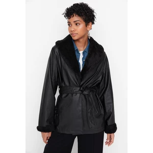 Trendyol Black Belted Plush Fur Detailed Faux Leather Coat
