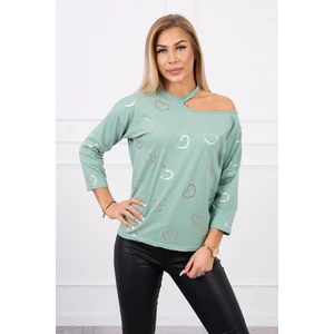 Blouse with a print of hearts dark mint
