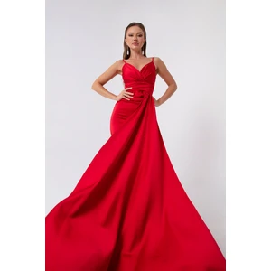 Lafaba Women's Red Long Satin Evening Dress with Straps, Graduation Dress