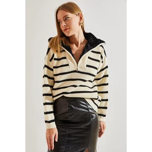 Bianco Lucci Women's Collar Shearling Striped Zippered Knitwear Sweater