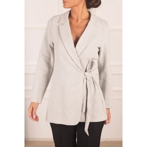 armonika Women's Gray Herringbone Patterned Stamped Jacket with Tie Sides