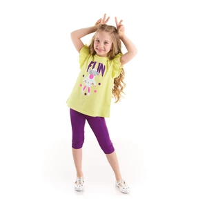 Denokids Girl With Bunny Pompom Cotton Yellow T-shirt And Purple Leggings Set.