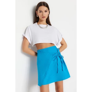 Trendyol Blue Mini Woven Skirt With Tie Detail, Linen Look