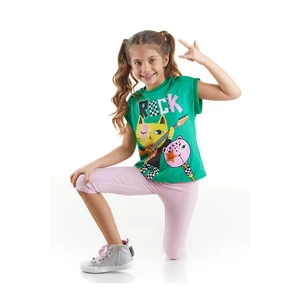 Mushi Rock Bros. Girls Kid's Green T-shirt, Pink Leggings for Summer Suit.