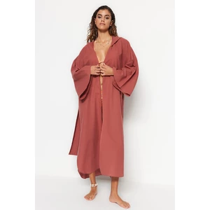 Trendyol Brown Belted Maxi-Weave Kimono & Kaftan 100% Cotton with a Woven Hoodie