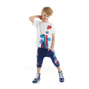 Denokids Dino Dudes Boys Kids White T-shirt, Navy Blue Capri Shorts Set.