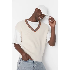 Trendyol Beige Men's Oversize Fit Wide Fit V Neck Knitwear Sweater