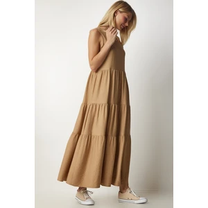 Happiness İstanbul Women's Biscuit Ruffle Sleeveless Knitted Dress