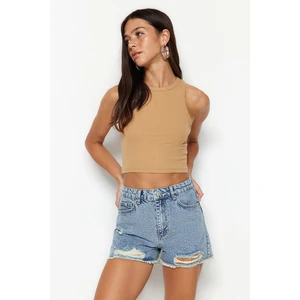 Trendyol Blue Ripped High Waist Denim Shorts