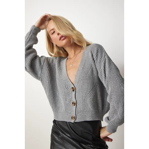 Happiness İstanbul Women's Gray Button V-Neck Orlon Cardigan