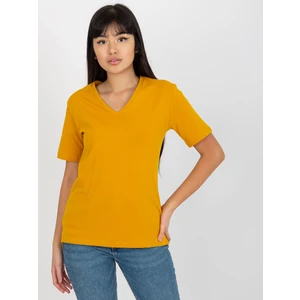 Dark yellow women's basic T-shirt with V-neck