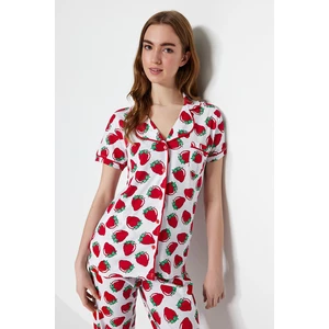 Trendyol White Piping Detail Strawberry Pattern Shirt-Pants Knitted Pajamas Set