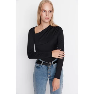 Trendyol Black Asymmetric Collar Snap Knitted Bodysuit