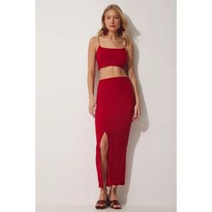 Happiness İstanbul Women's Red Rope Straps Crop Skirt Sandy Knitted Suit