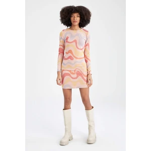 DEFACTO Slim Fit Long Sleeve Colour Block Printed Mini Dress