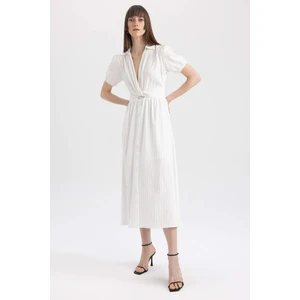 DEFACTO Shirt Collar Striped Balloon Sleeve Midi Short Sleeve Dress