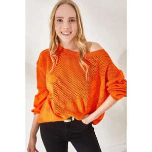 Olalook Women's Orange Daisy Patterned Openwork Oversize Knitwear Blouse