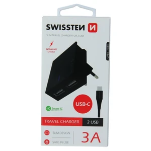 SWISSTEN SÍŤOVÝ ADAPTÉR SMART IC 2x USB 3A POWER + DATOVÝ KABEL USB / TYPE C 1,2 M, ČERNÁ