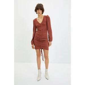 Trendyol Tile V Neck Fake Knitwear Pleated Knitted Dress